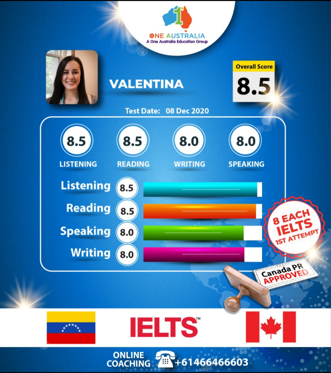 Student IELTS 8.0+ scorecard One Australia Group
